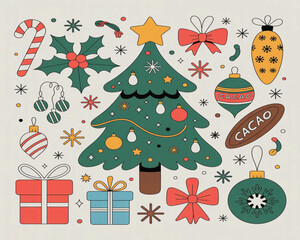 Christmas hand drawn cute vintage doodle elements. Christmas tree, gift, star, bows, candy cane, baubles, cacao, confetti, snowflake, holly. Holiday retro decorations. Vector illustration.