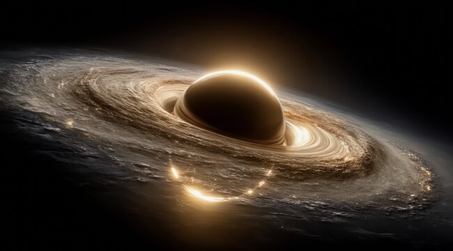 Large, glowing planet with a bright sun in the center. The planet is surrounded by a ring of water - Powered by Adobe