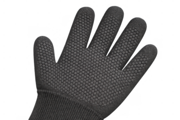 Hand wearing a dark gray protective work glove with textured grip, offering safety and support, transparent background