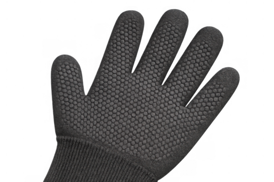 Hand wearing a dark gray protective work glove with textured grip, offering safety and support, transparent background