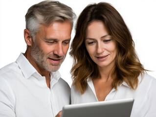 Fototapeta premium Couple smiling while engaging with a tablet in a modern setting