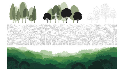 Vector illustration of abstract forest landscape with stylized trees and green gradient layers on a white background