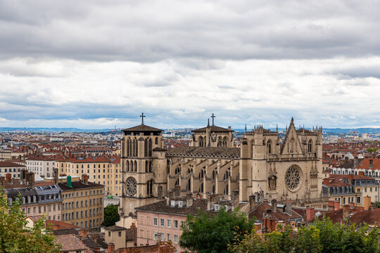 Rooftops, chimneys and cathedral St. Jean Baptiste in Vieux Lyon, the old town of Lyon. France.