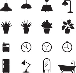 Collection of black and white icons for home decor and timekeeping interior