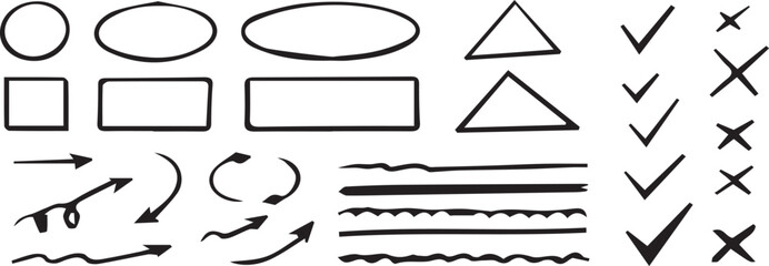 Assortment of Hand Drawn Geometric Shapes and Lines on White Background circle oval