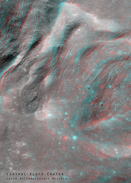 3D anaglyph image of the lunar surface made by the Lunar Reconnaissance Orbiter. Use red-cyan glasses. The exact region is given at the edge of the image. Elements of this image furnished by NASA.