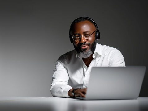 Focused man working on laptop with headphones in modern workspace