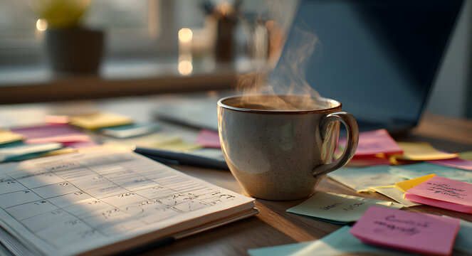 Minimalist desk setup with an open 2026 planner, coffee cup, laptop, and sticky notes for resolutions and tasks
