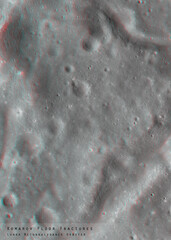 3D anaglyph image of the lunar surface made by the Lunar Reconnaissance Orbiter. Use red-cyan glasses. The exact region is given at the edge of the image. Elements of this image furnished by NASA.