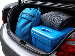 Travel gear packed in the trunk for a weekend getaway