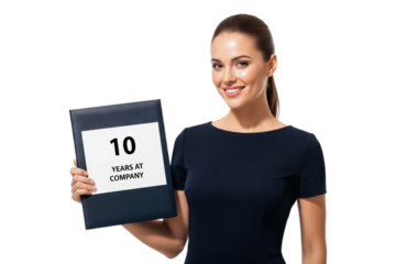 Happy female employee celebrating her 10-year work anniversary at the company