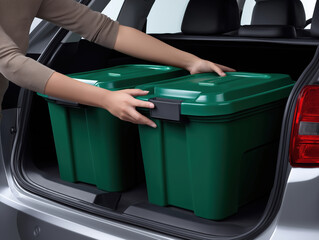 Storing green bins in the trunk of a silver car