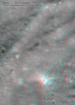 3D anaglyph image of the lunar surface made by the Lunar Reconnaissance Orbiter. Use red-cyan glasses. The exact region is given at the edge of the image. Elements of this image furnished by NASA.