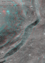 3D anaglyph image of the lunar surface made by the Lunar Reconnaissance Orbiter. Use red-cyan glasses. The exact region is given at the edge of the image. Elements of this image furnished by NASA.