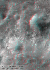 3D anaglyph image of the lunar surface made by the Lunar Reconnaissance Orbiter. Use red-cyan glasses. The exact region is given at the edge of the image. Elements of this image furnished by NASA.