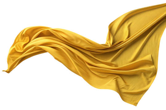 Silk's lustrous yellow fabric flutters in the breeze against a transparent background. Composition material.    Already cut out.