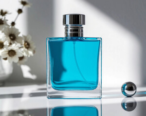 Blue perfume bottle, studio shooting
