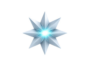 Obraz premium Shiny eight pointed star with metallic silver texture and glowing blue center, geometric symmetrical shape, modern abstract design, isolated on transparent background