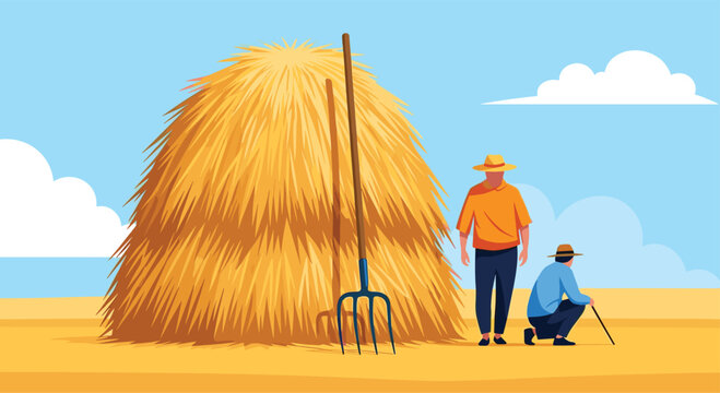 Two farmers stand near a massive haystack under a bright blue sky.