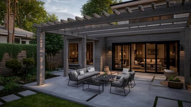 Modern outdoor patio with pergola fire pit seating area and large glass doors to contemporary home