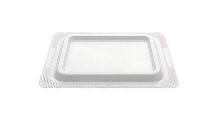 White rectangular plastic food tray, with textured edges and a clear lid, cutout, PNG isolated on white or transparent background