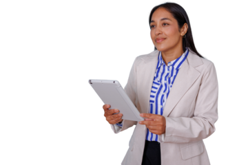 Professional businesswoman holding a tablet, looking away with a thoughtful expression, transparent background
