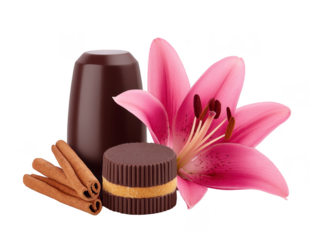 Chocolate candy, cinnamon stick, and pink lily flower arranged together, creating harmonious and elegant composition with touch of sweetness and floral beauty