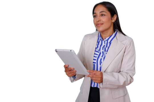 Professional businesswoman holding a tablet, looking away with a thoughtful expression, transparent background