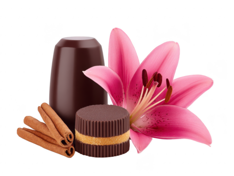 Chocolate candy, cinnamon stick, and pink lily flower arranged together, creating harmonious and elegant composition with touch of sweetness and floral beauty