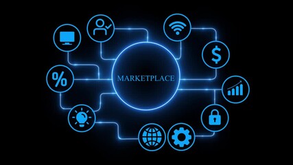 Marketplace business concept with glowing neon icons on black background online shopping, ecommerce, digital marketing, and global network connection technology concept - Powered by Adobe