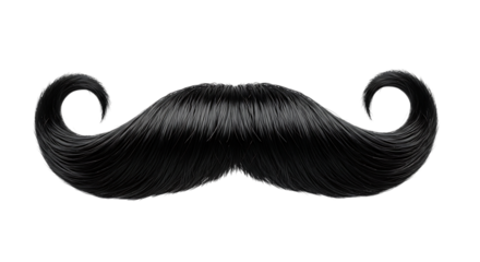Detailed close up of a black handlebar mustache, with curled ends, cutout, PNG isolated on white or transparent background