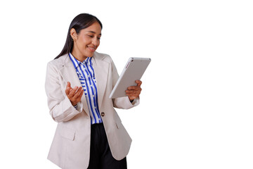 Businesswoman having virtual meeting on tablet, smiling during online video conference, professional communication, transparent background