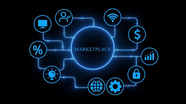 Marketplace business concept with glowing neon icons on black background online shopping, ecommerce, digital marketing, and global network connection technology concept - Powered by Adobe