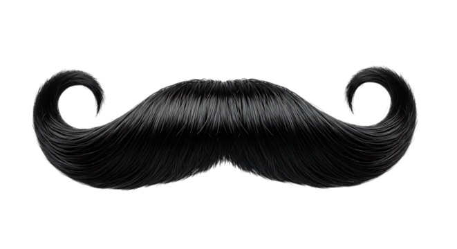 Detailed close up of a black handlebar mustache, with curled ends, cutout, PNG isolated on white or transparent background