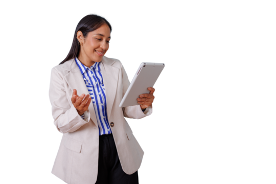 Businesswoman having virtual meeting on tablet, smiling during online video conference, professional communication, transparent background