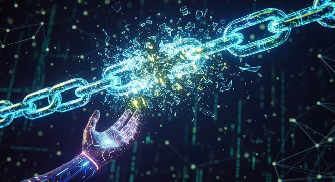 Robotic hand reaching for a glowing chain that breaks apart. Concept of freedom, technology’s role in breaking bonds, and digital liberation.
