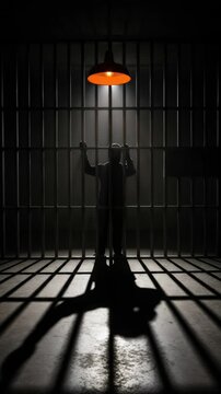 A man in a dark prison cell behind bars, holding the bars with hands, casting long shadows on the floor under a single lamp light footage. Vertical video