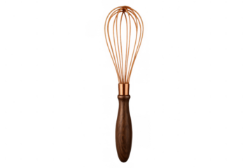 Copper whisk with wooden handle, kitchen utensil for cooking and baking, isolated on transparent background