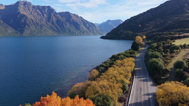 beautiful drone view road trip route from Queenstown to te anau along Wakatipu lake in autumn season we can see a lot of colorful autumn leaves in South Island New Zealand 