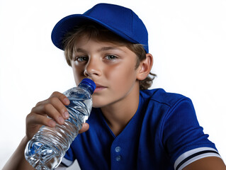 Young boy in blue sportswear drinks water during practice