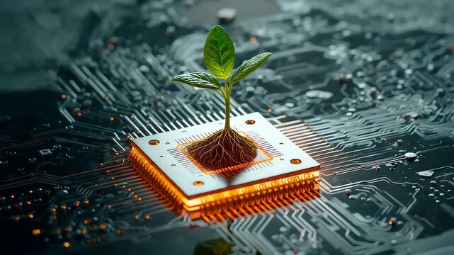 Green Plant Sprouting from Computer Chip on Circuit Board with Glowing Orange Traces in Dark Setting