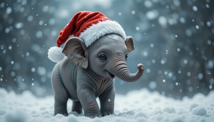A small elephant wearing a red Santa hat stands in the snow. Snowflakes fall around it, creating a festive winter scene.