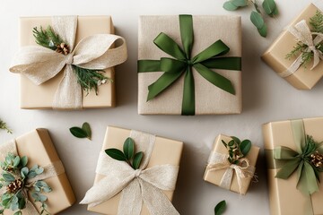 Natural kraft gift boxes wrapped burlap ribbon eucalyptus flat lay view

