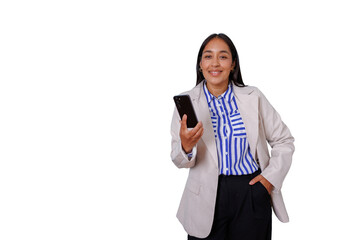 Confident businesswoman smiling, holding mobile phone, communication, modern technology, transparent background