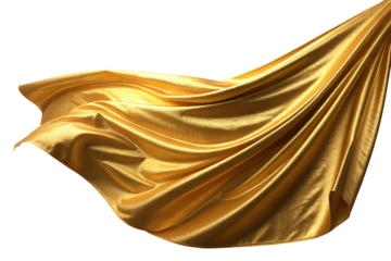 Silk glossy gold cloth fluttering in the wind and white background. Material for composition.	