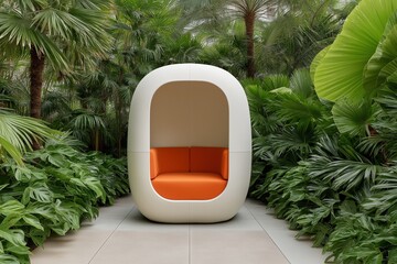 Modern white privacy pod orange seating tropical palm garden architecture

