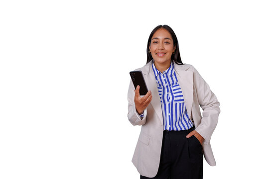 Confident businesswoman smiling, holding mobile phone, communication, modern technology, transparent background
