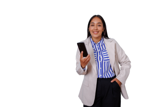Confident businesswoman smiling, holding mobile phone, communication, modern technology, transparent background - Powered by Adobe