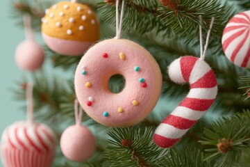 Felt donut candy cane ornaments Christmas tree pastel pink decorations

