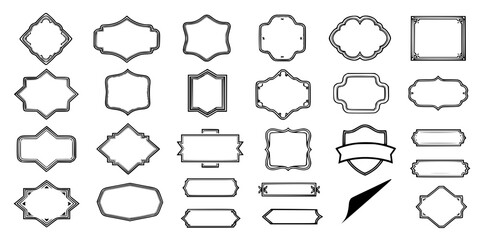 Obraz premium Black decorative label silhouettes, vintage frame shapes, retro outline badge, ornate geometric borders, empty tag design graphics, shield elegant royal crest emblem, retro sticker. Vector set
